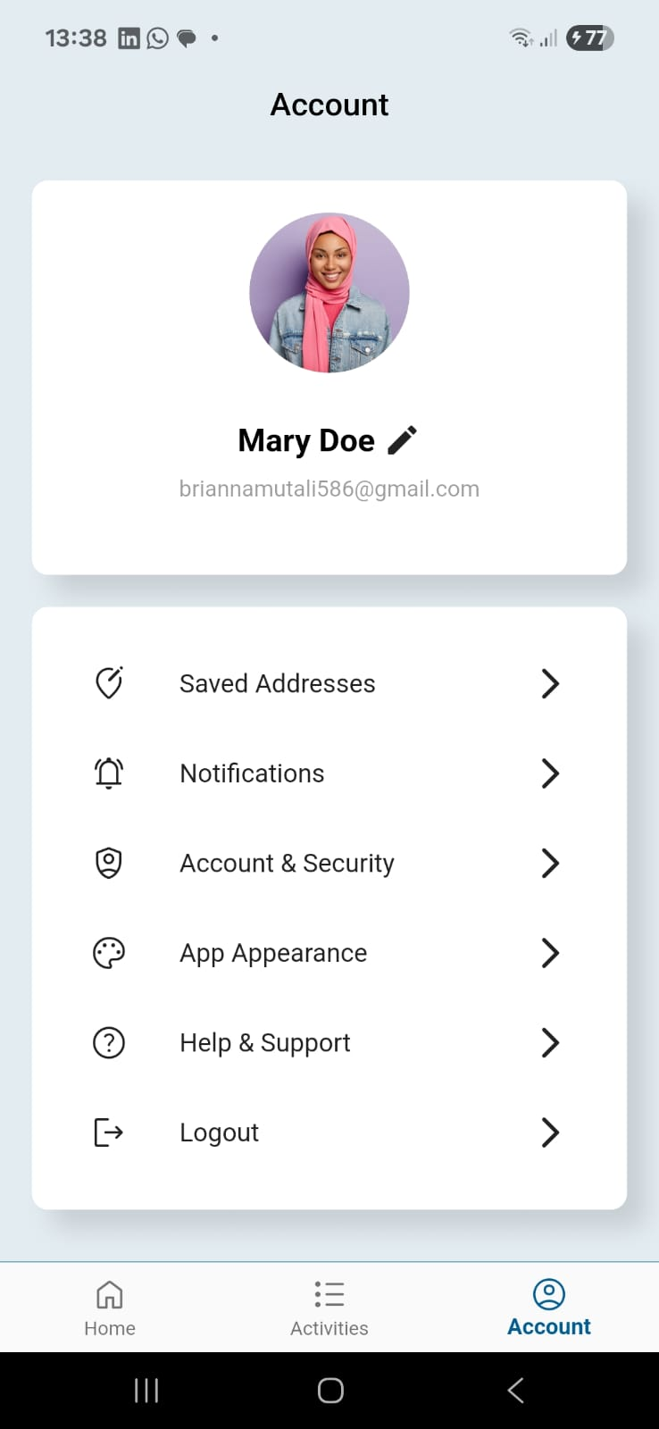 Account tab showing profile and settings list