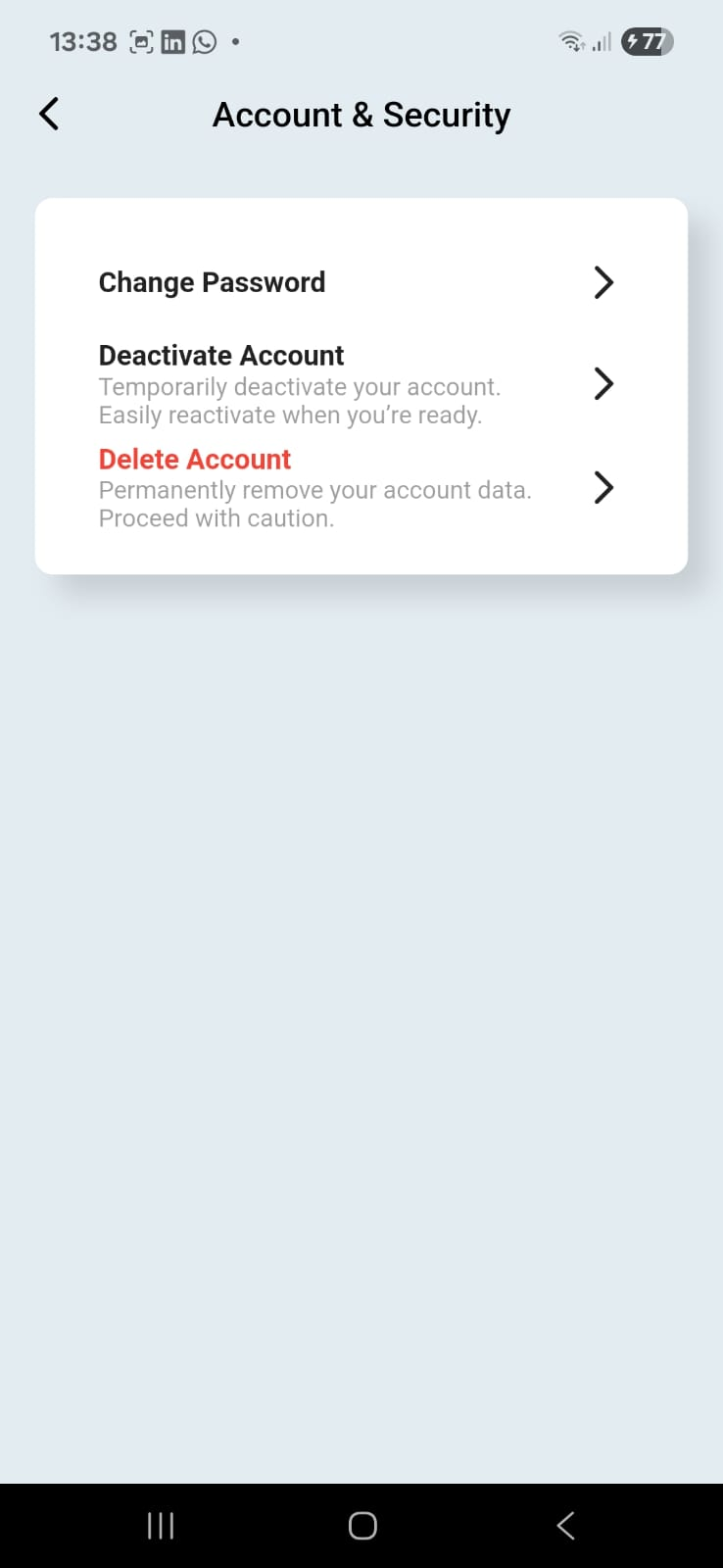 Account & Security screen with delete option